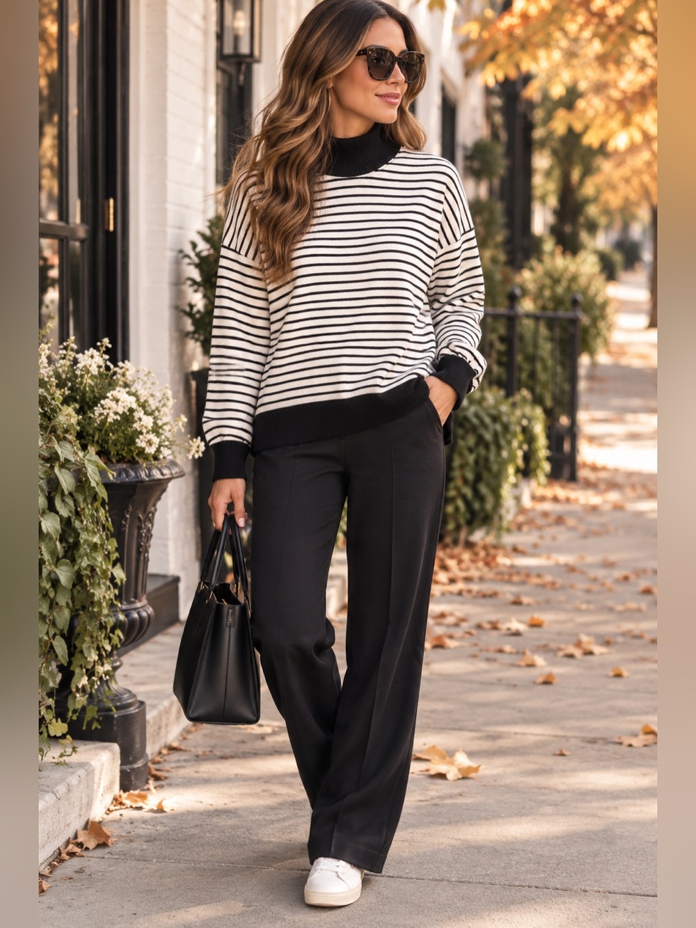 EVEREVE Medium Black White Striped Mock Neck Sweater Preppy Coastal